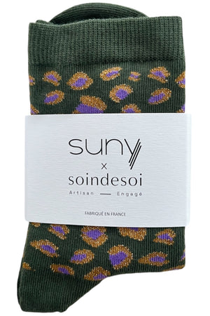 chaussettes en coton bio léopard et paillettes made in france