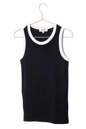 Débardeur femme Gisèle bicolore noir et blanc, coupe près du corps, col rond blanc contrasté, look rétro chic et intemporel