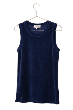 Débardeur Gisèle marine foncé Suny, top femme bleu profond en éponge bouclette coton bio GOTS, facile à porter et à mixer