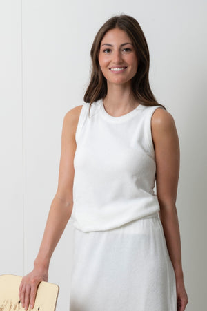 Débardeur Gisèle blanc laitage Suny en éponge bouclette coton bio certifié GOTS, coupe près du corps