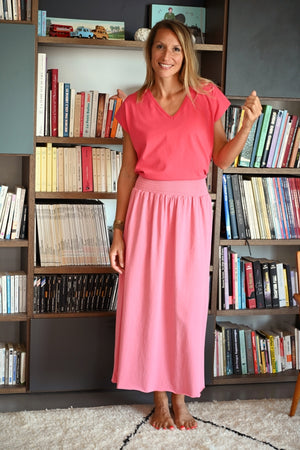 Jupe longue femme fluide smock à la taille jupon smocké jersey de coton bio GOTS éco-responsable robe bustier robe de plage rose rouge framboise