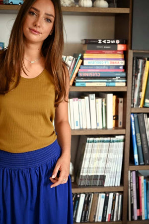 Jupe mi-longue femme fluide smock à la taille jupon smocké jersey de coton bio GOTS éco-responsable robe bustier robe de plage bleu outremer bleu lumineux bleu marine bleu vif bleu majorelle bleu roi