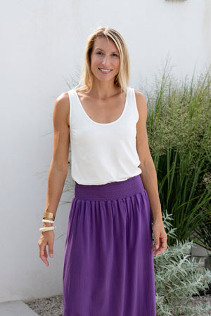 Jupe longue femme fluide smock à la taille jupon smocké jersey de coton bio GOTS éco-responsable robe bustier robe de plage violette