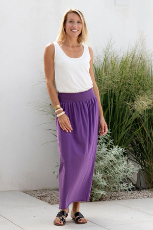 Jupe longue femme fluide smock à la taille jupon smocké jersey de coton bio GOTS éco-responsable robe bustier robe de plage violette