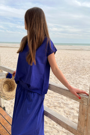 Jupe longue femme fluide smock à la taille jupon smocké jersey de coton bio GOTS éco-responsable robe bustier robe de plage bleu outremer, bleu lumineux, bleu foncé