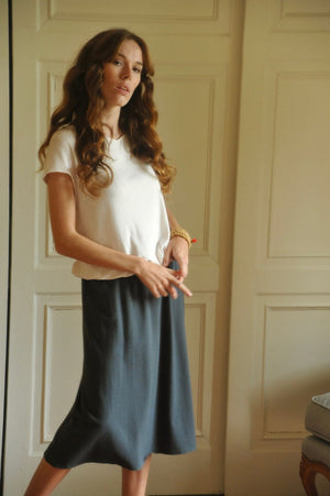 Jupe mi-longue femme fluide smock à la taille jupon smocké jersey de coton bio GOTS éco-responsable robe bustier robe de plage anthracite, gris, gris foncé, gris graphite, charbon