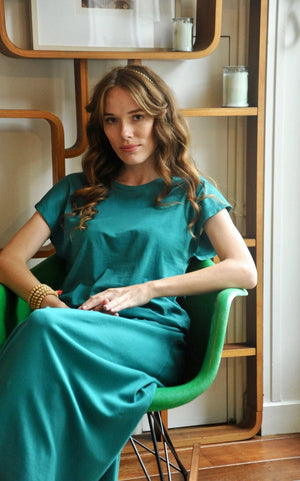 Jupe longue femme fluide smock à la taille jupon smocké jersey de coton bio GOTS éco-responsable robe bustier robe de plage vert émeraude, vert intense, vert lumineux, vert canard, vert bleu, vert vif, vert profond