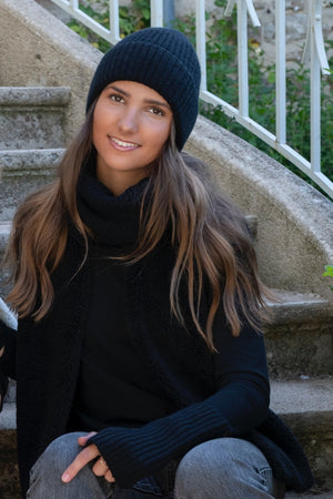 bonnet, col et Mitaines tricotées en côtes – Laine noire très douce – Suny
