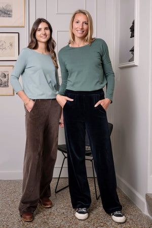Pantalon JULIETTE café en velours bio GOTS femme avec poches Suny