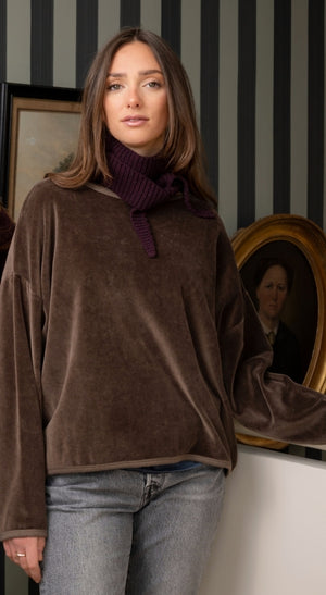 Pull ELSA café en velours bio GOTS femme col rond oversize Suny