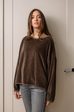 Pull ELSA café en velours bio GOTS femme col rond oversize Suny