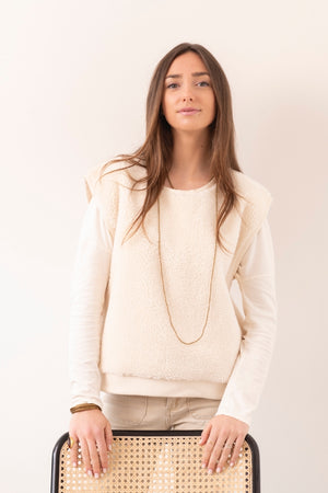 pull femme sans manche moumoute peau lainée écru