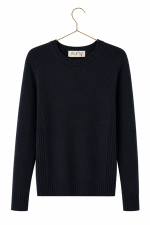 Pull JANE noir noir femme en laine italienne upcyclée coupe droite avec côtes Suny