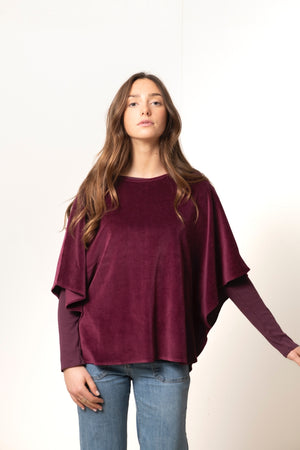 Pull cape manche chauve souris col rond évasé en velours bio certifié GOTS pour femme prune bordeaux violet