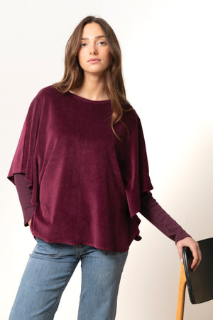 Pull cape manche chauve souris col rond évasé en velours bio certifié GOTS pour femme prune bordeaux violet