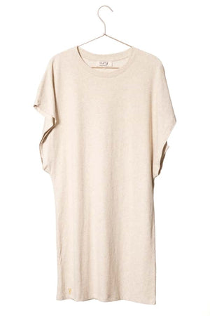 robe genou manche à ailette lin et coton upcyclé écru chiné