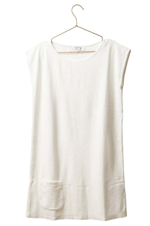 robe courte plage éponge bouclette bio manche courte col évasé blanche écrue crème fouettée