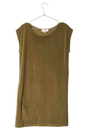 robe courte plage éponge bouclette bio manche courte col évasé kaki vert