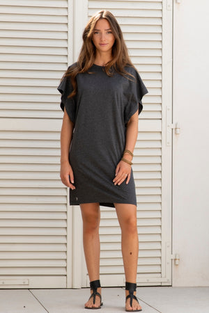 robe genou manche à ailette coton upcyclé gris anthracite chiné