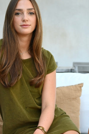 robe courte plage éponge bouclette bio manche courte col évasé kaki vert