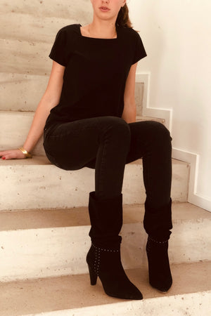 T shirt coton bio eco responsable femme col carré manche courte forme ajustee noir suny