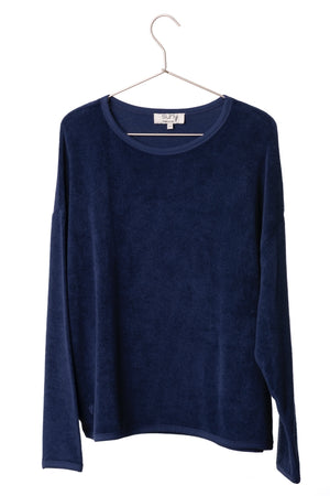 Pull Elsa marine foncé Suny en éponge bouclette coton bio certifié GOTS, coupe oversize