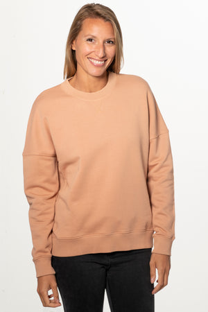 Sweat basique pour femme col rond manche longue manche tombante coton biologique certifié GOTS molleton rose des sables, rose doux, rose corail, rose brun, rose orange, vieux rose, rose ancien, rose beige, rose caramel