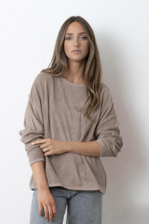 Pull Elsa taupe Suny en éponge bouclette coton bio certifié GOTS, coupe oversize