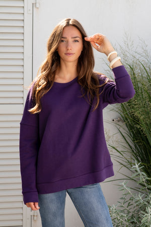 Sweat basique pour femme oversize col rond évasé manche longue manche tombante coton upcyclé molleton violet
