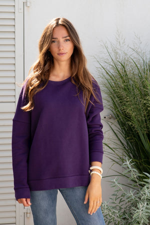 Sweat basique pour femme oversize col rond évasé manche longue manche tombante coton upcyclé molleton violet