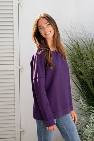 Sweat basique pour femme oversize col rond évasé manche longue manche tombante coton upcyclé molleton violet