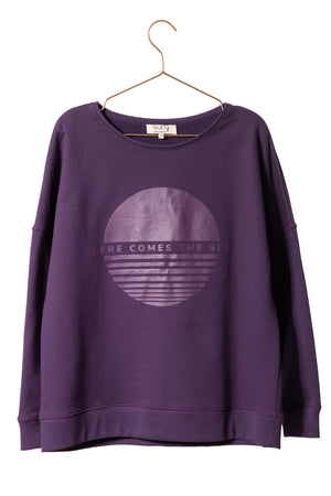 Sweat basique pour femme oversize col rond évasé manche longue manche tombante coton upcyclé molleton print here comes the sun violet
