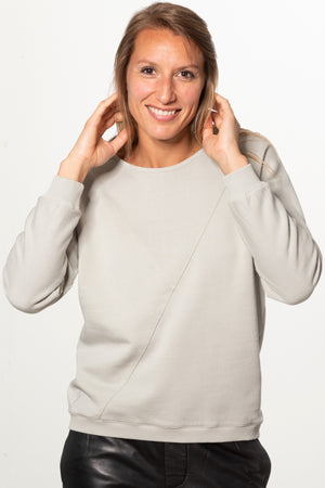 Pull sweat ajusté col rond pour femme en coton bio GOTS eco responsable marque suny gris clair vert sauge