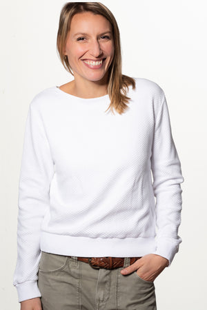 Pull femme manche longue col évasé ajusté en coton bio certifié GOTS Blanc beige, blanc cassé, beige, écru, blanc pâle