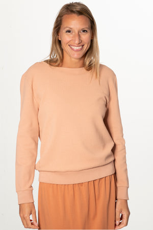 Pull femme manche longue col évasé ajusté en coton bio certifié GOTS rose des sables, rose doux, rose corail, rose brun, rose orange, vieux rose, rose ancien, rose beige, rose caramel