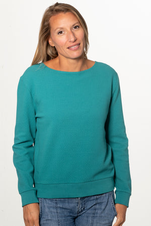 Pull femme manche longue col évasé ajusté en coton bio certifié GOTS vert émeraude, vert intense, vert lumineux, vert canard, vert bleu, vert vif, vert profond