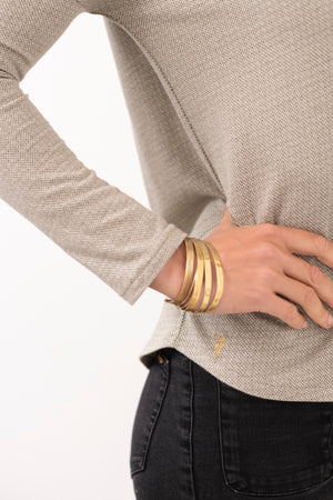 T shirt femme col rond evase manche longue coton upcyclé forme oversize jacquard kaki vert