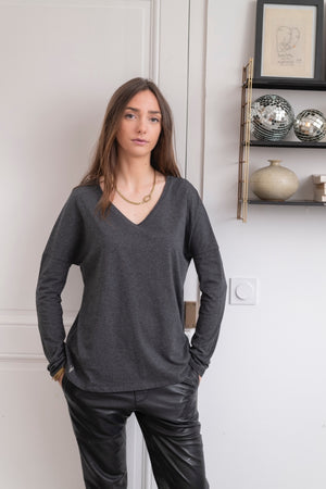 tee shirt manche longue col V en coton upcyclé extra suny V gris anthracite chiné