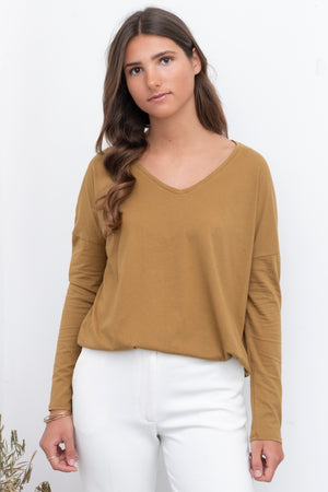 T shirt femme col V manche longue coton bio souple forme oversize HAVANE