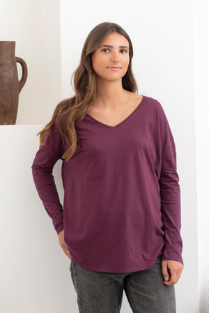 T shirt femme col V manche longue coton bio souple forme oversize prune