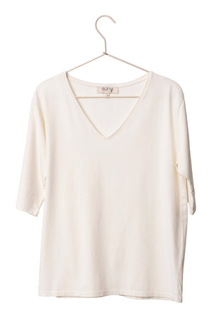 tee shirt col V manche au coude blanc cassé