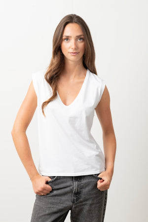 Tee shirt femme sans manche débardeur manche courte rock en coton jersey bio GOTS coupe droite, coupe ajustée, col V plongeant blanc