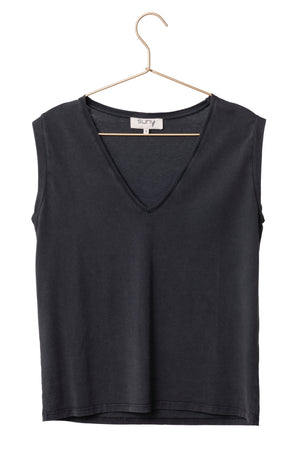 Tee shirt suny femme sans manche débardeur manche courte rock en coton jersey bio GOTS coupe droite, coupe ajustée, col V noir vieilli, noir délavé, noir fade out, noir gris