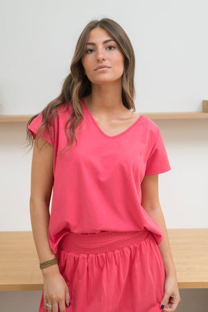 Tee shirt femme manche courte rock court et ample en coton bio GOTS éco responsable sans couture oversize col v rouge rose