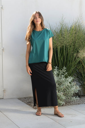 Tee shirt femme manche courte rock court et ample en coton bio GOTS éco responsable sans couture oversize col rond bleu vert bleu canard