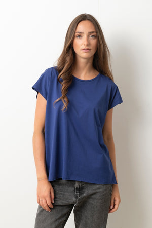 Tee shirt femme manche courte rock court et ample en coton bio GOTS éco responsable sans couture oversize col rond bleu saphir bleu lumineux