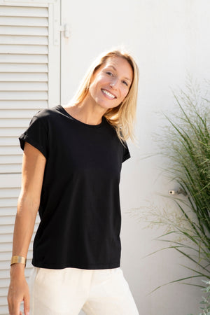 T shirt coton bio eco responsable col rond manche courte forme droite noir uni suny