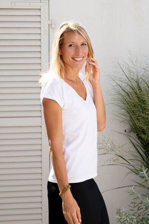 Tee shirt femme manche raglante courte, en coton bio GOTS éco responsable col V blanc beige, blanc cassé