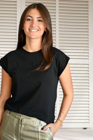 Tee shirt coton bio femme manche courte à épaulettes non rigides noir