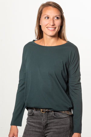 Tee shirt pour femme en coton bio GOTS eco responsable à manche longue, oversize, col rond évasé Extra suny vert foncé